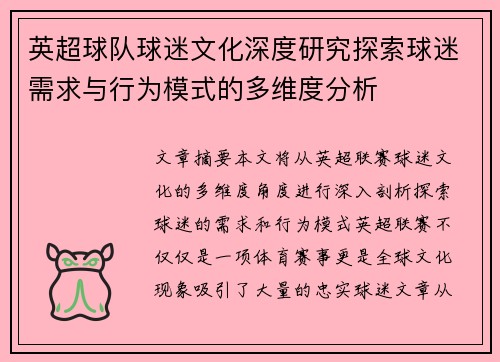 英超球队球迷文化深度研究探索球迷需求与行为模式的多维度分析