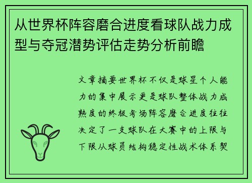 从世界杯阵容磨合进度看球队战力成型与夺冠潜势评估走势分析前瞻