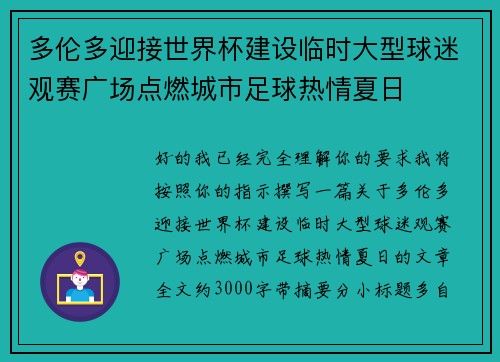 多伦多迎接世界杯建设临时大型球迷观赛广场点燃城市足球热情夏日